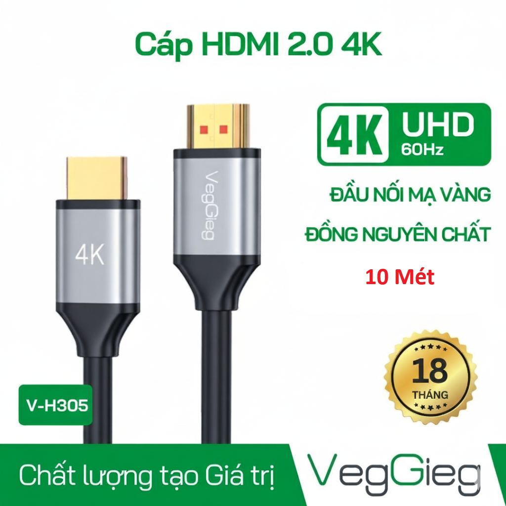 Dây Cáp HDMI Veggieg 10M Chuẩn 2.0 4K V-H305 (Lõi Đồng)
